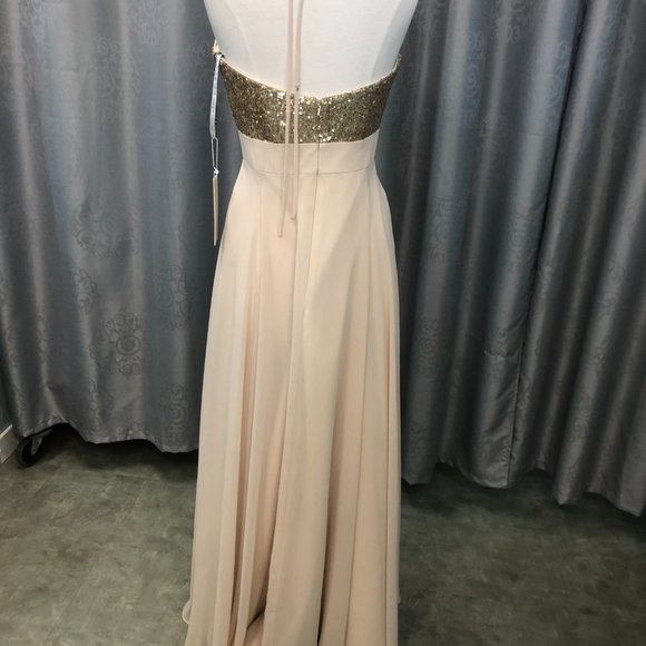 New Gold Sequin Champagne Dress, Aline Bridesmaid Formal Sparkle Gather and Gown - Picture 11 of 14